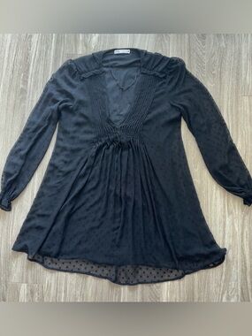 Zara Black Swiss Dot V-Neck Tunic Top